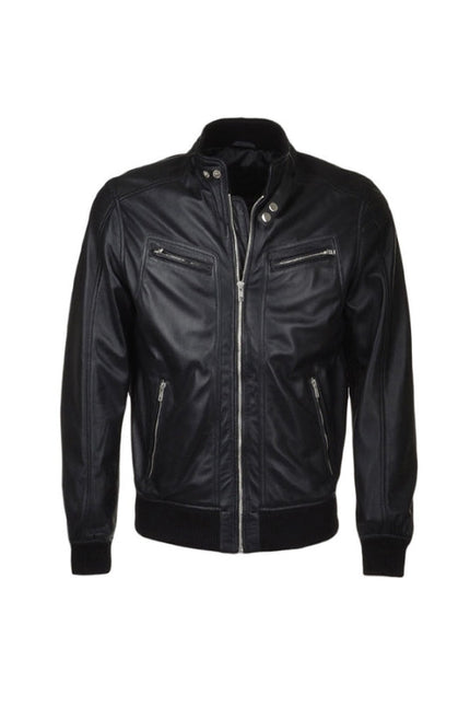 Men's Classic Real Lambskin Long Sleeves Black Bomber Leather Jacket