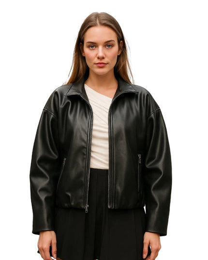 Bubble Hem Vegan Leather Bomber Jacket