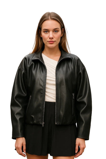 Bubble Hem Vegan Leather Bomber Jacket