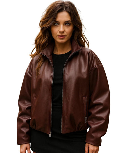Bubble Hem Vegan Leather Bomber Jacket