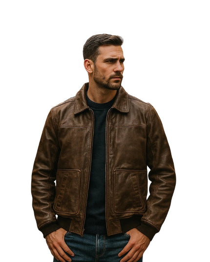 Dark Brown Shirt Style Bomber Leather Jacket