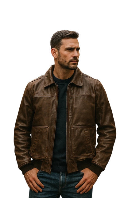 Dark Brown Shirt Style Bomber Leather Jacket