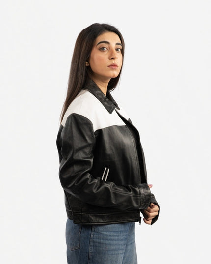 Women’s Black & White Leather Bomber Jacket