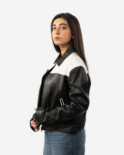 Women’s Black & White Leather Bomber Jacket