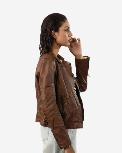 Women's Brown Leather Biker Jacket