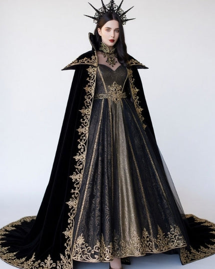 Black Velvet Gothic Queen Cloak Dress with Gold Embroidery & Crown - Dark Empress Fantasy Costume
