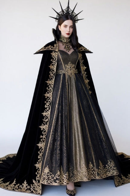 Black Velvet Gothic Queen Cloak Dress with Gold Embroidery & Crown - Dark Empress Fantasy Costume