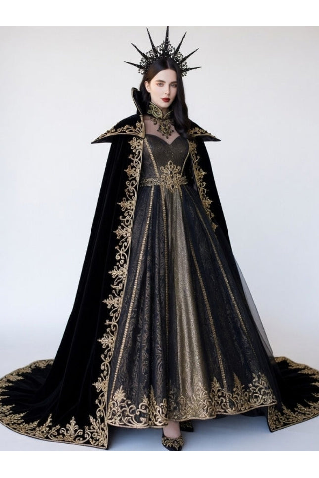 Black Velvet Gothic Queen Cloak Dress with Gold Embroidery & Crown - Dark Empress Fantasy Costume