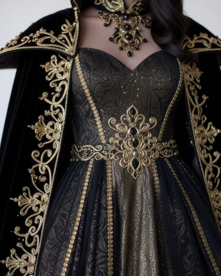 Black Velvet Gothic Queen Cloak Dress with Gold Embroidery & Crown - Dark Empress Fantasy Costume