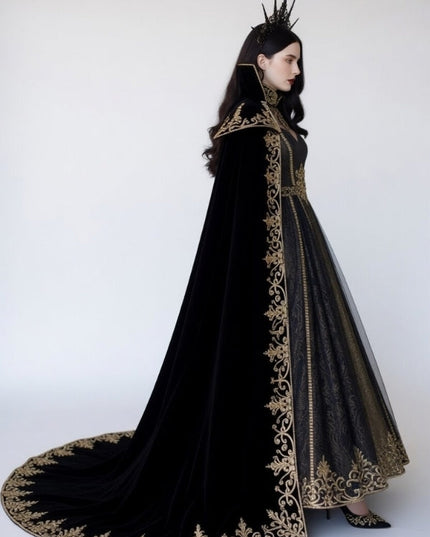 Black Velvet Gothic Queen Cloak Dress with Gold Embroidery & Crown - Dark Empress Fantasy Costume