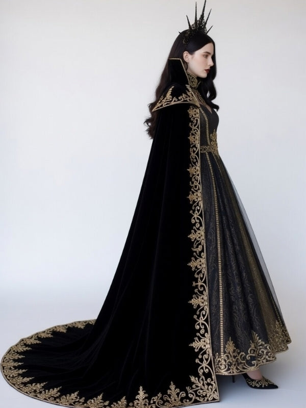 Black Velvet Gothic Queen Cloak Dress with Gold Embroidery & Crown - Dark Empress Fantasy Costume