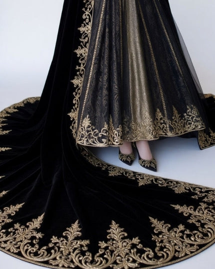 Black Velvet Gothic Queen Cloak Dress with Gold Embroidery & Crown - Dark Empress Fantasy Costume