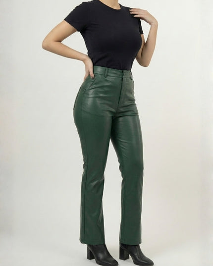 Women’s Regular Style Green Leather Pants