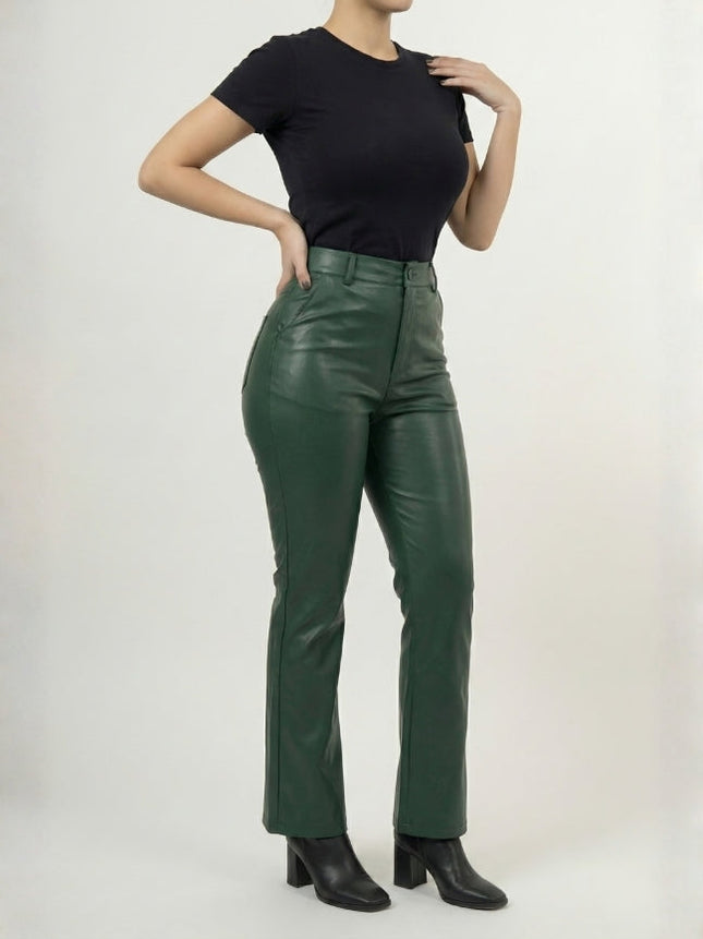Women’s Regular Style Green Leather Pants