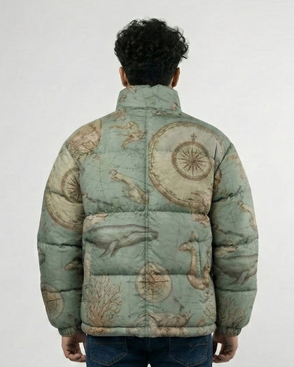 Sage Green Vintage Map Print Puffer Jacket