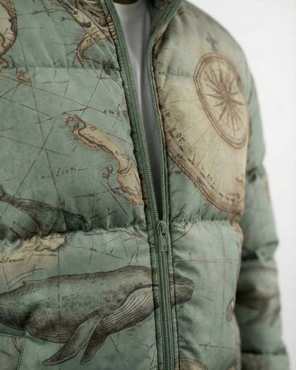 Sage Green Vintage Map Print Puffer Jacket