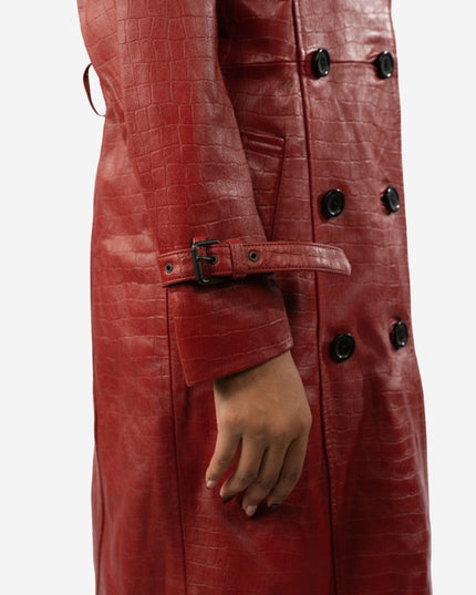 Premium Red Alligator Texture Long Leather Coat – Double Breasted