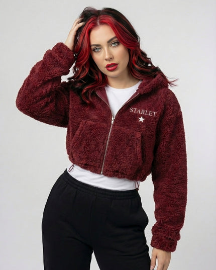 STARLET Women’s Rose Embroidered Cropped Sherpa Jacket
