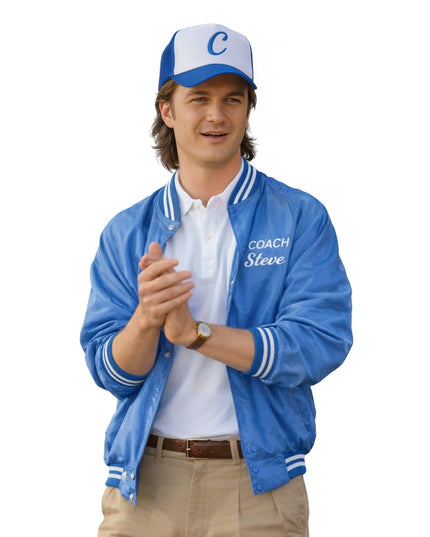 Man wearing a blue jacket with 'Coach Steve' text, white shirt, tan pants, and blue cap on a white background