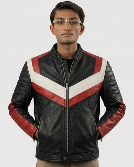 Men’s Black & Red Stripes Biker Leather Jacket