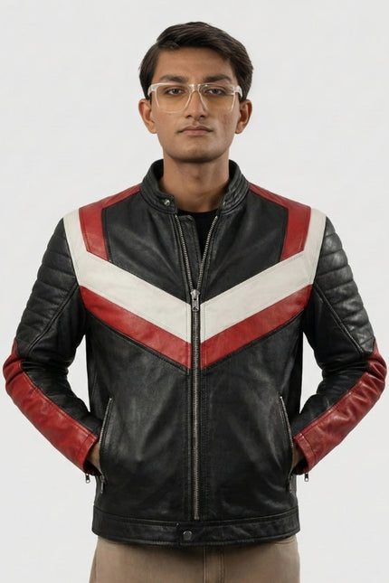 Men’s Black & Red Stripes Biker Leather Jacket