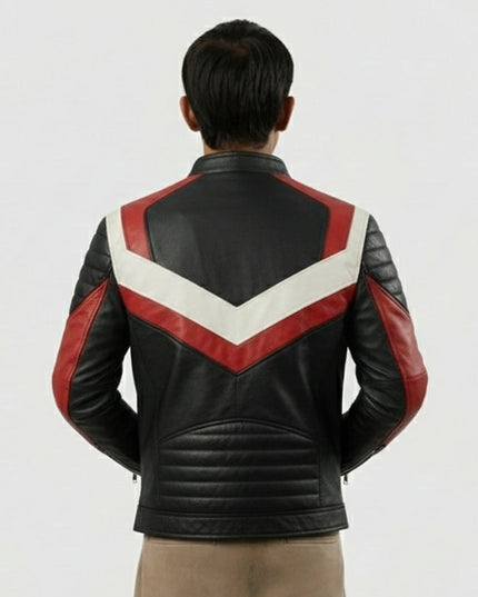 Person wearing a black leather jacket with red and white design on a white background