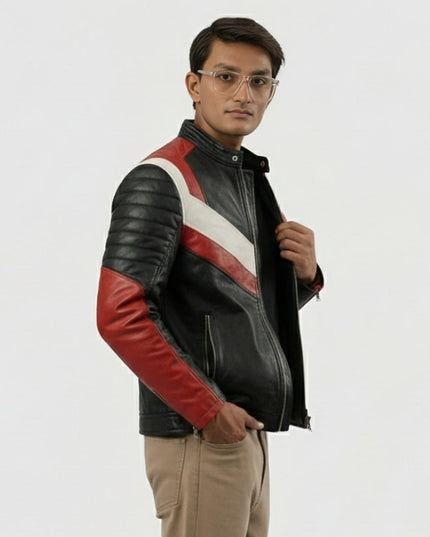 Men’s Black & Red Stripes Biker Leather Jacket