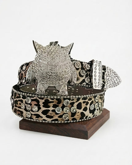 Leopard-Print Monster Buckle Leather Belt