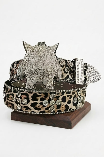 Leopard-Print Monster Buckle Leather Belt