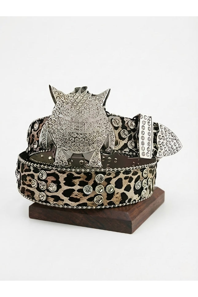 Leopard-Print Monster Buckle Leather Belt