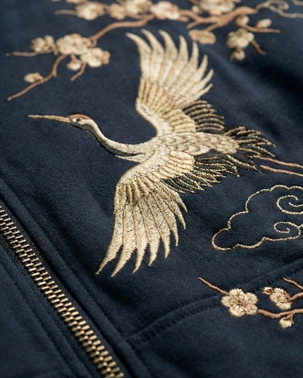 Men’s Navy Crane Embroidered Fleece Hoodie