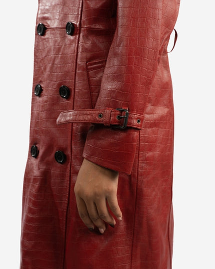 Premium Red Alligator Texture Long Leather Coat – Double Breasted