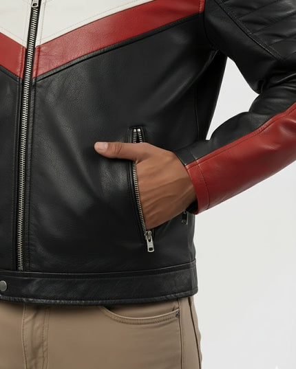 Black leather jacket with red and white accents on a neutral background
