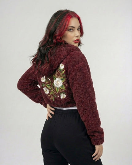 STARLET Women’s Rose Embroidered Cropped Sherpa Jacket