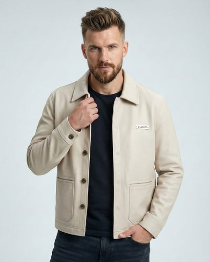 Modern Fit Cream Leather Jacket for Men