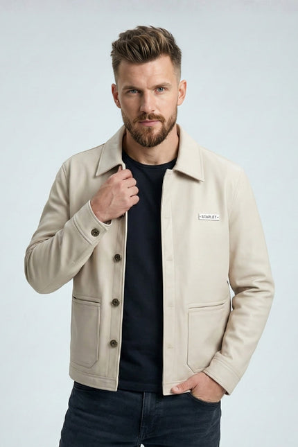 Modern Fit Cream Leather Jacket for Men