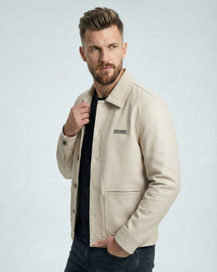 Modern Fit Cream Leather Jacket for Men