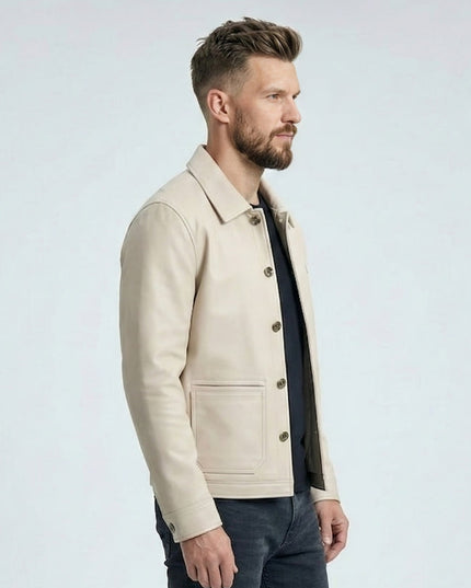 Modern Fit Cream Leather Jacket for Men