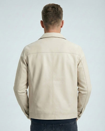 Modern Fit Cream Leather Jacket for Men
