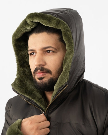 Men’s Reversible Hooded Jacket – Olive & Black Double Sided