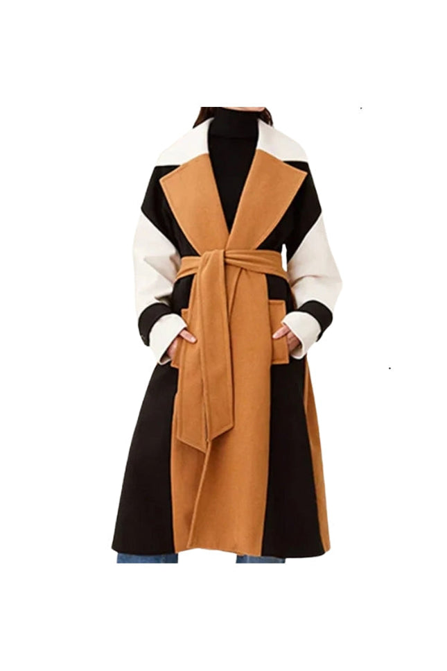 Women's Handmade Tri-color Real Wool Long Sleeves Trench Coat