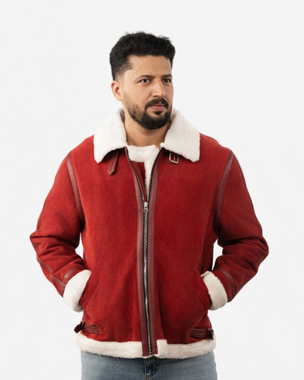 Men’s Red Suede Leather Jacket - Aviator Style