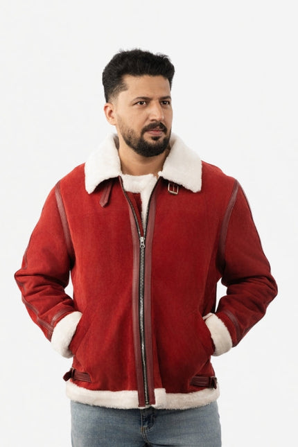 Men’s Red Suede Leather Jacket - Aviator Style