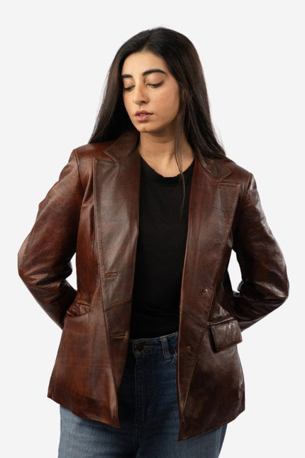 Women’s Vintage Brown Leather Blazer Jacket