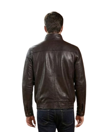 Man wearing a brown leather jacket on a white background