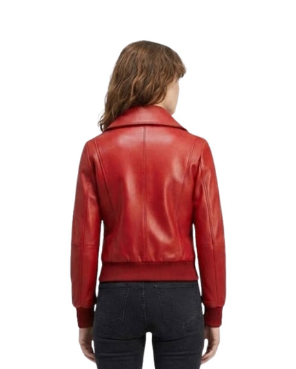 Red leather jacket worn by a person on a white background