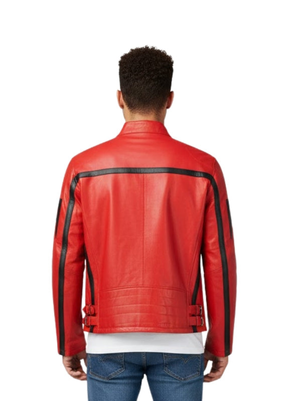 Red leather jacket with black accents on a white background