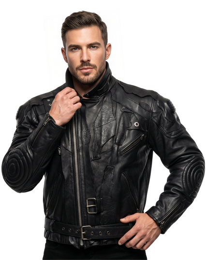 Urban Techwear Style Black Leather Biker Jacket