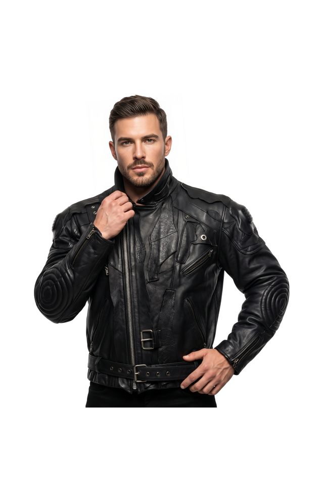 Urban Techwear Style Black Leather Biker Jacket