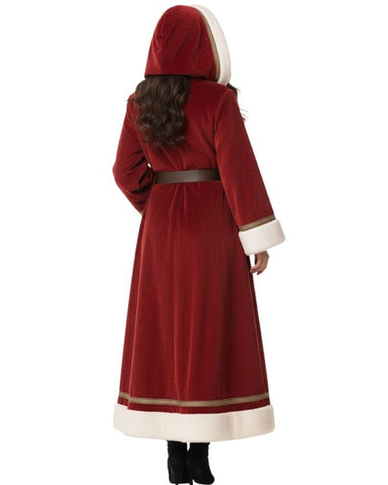 Red coat with white trim worn by a person on a white background
